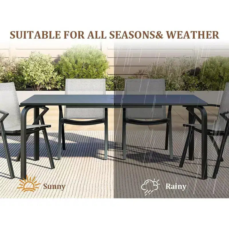 Acekool Ensemble de salle à manger de patio en aluminium 7 pièces - Table d'extérieur avec 6 chaises empilables, trou pour parasol, noir