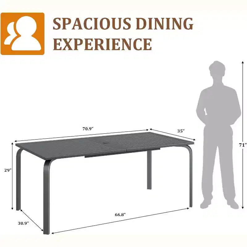 Acekool Ensemble de salle à manger de patio en aluminium 7 pièces - Table d'extérieur avec 6 chaises empilables, trou pour parasol, noir