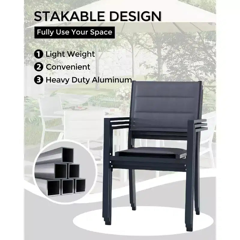 Lot de 2 chaises de salle à manger de patio, chaises de salle à manger extérieures empilables avec accoudoirs, chaise haute en aluminium avec tissu Textilene respirant pour le jardin