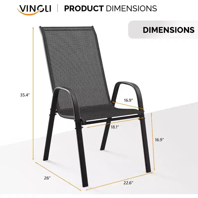 VINGLI Lot de 2 chaises de patio empilables d'extérieur avec dossier haut confortable et accoudoirs pour pelouse, balcon, jardin, noir