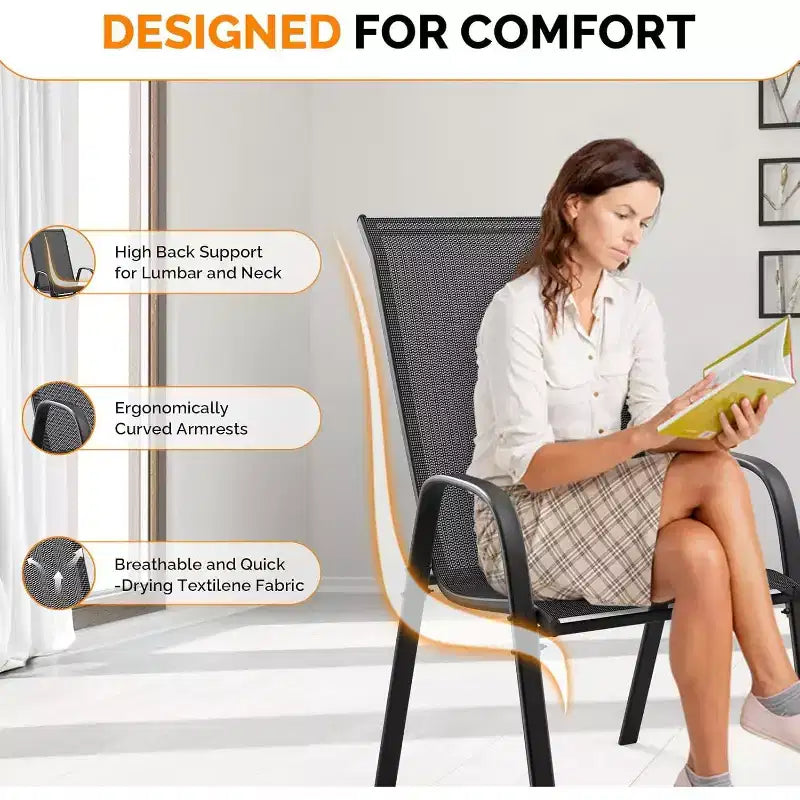 VINGLI Lot de 2 chaises de patio empilables d'extérieur avec dossier haut confortable et accoudoirs pour pelouse, balcon, jardin, noir