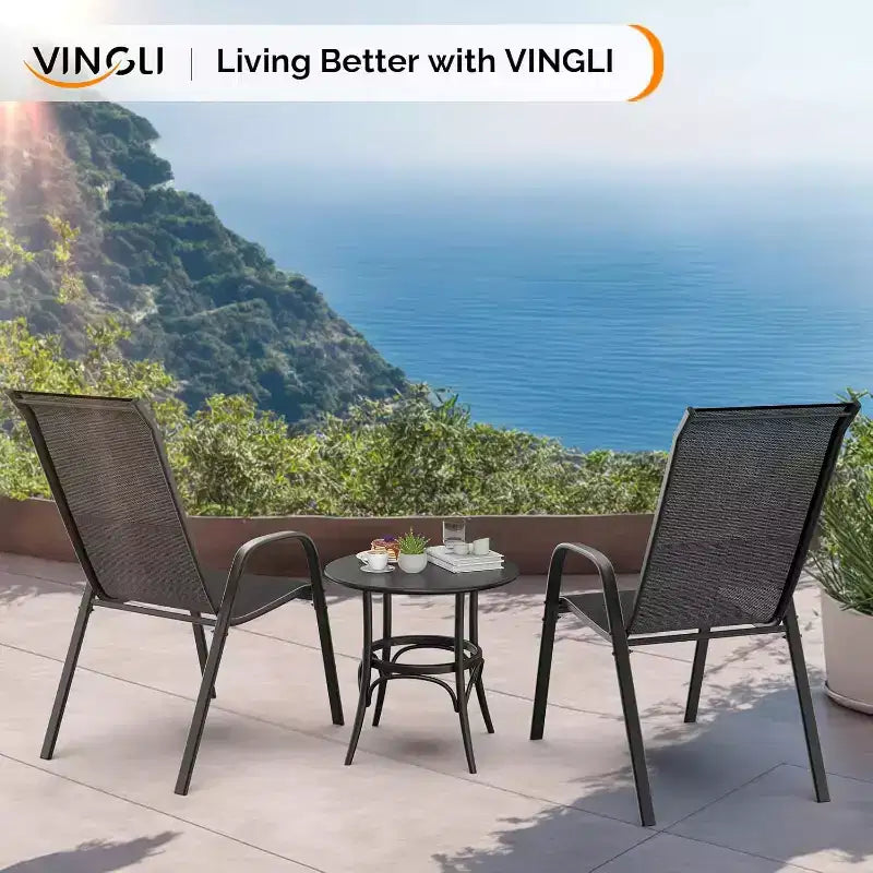 VINGLI Lot de 2 chaises de patio empilables d'extérieur avec dossier haut confortable et accoudoirs pour pelouse, balcon, jardin, noir