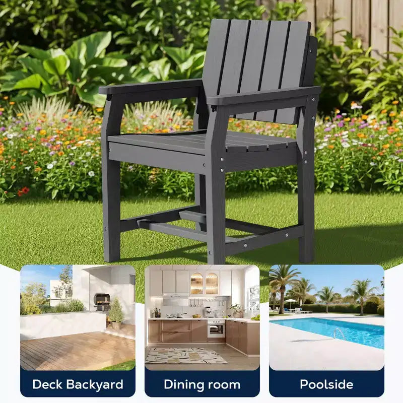 Fauteuil de salle à manger d'extérieur moderne Hyleory en PEHD, chaise de patio résistante aux intempéries avec dossier à lattes classique