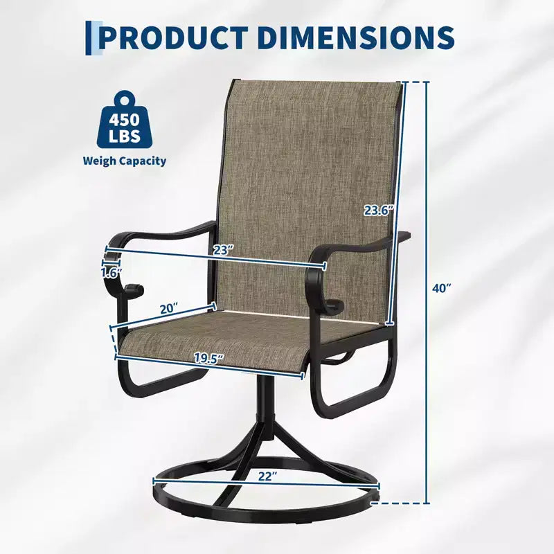 Lot de 2 chaises de patio pivotantes, chaises de salle à manger d'extérieur à dossier haut avec textilène rembourré et cadre en métal résistant aux intempéries pour jardin, cour et pelouse