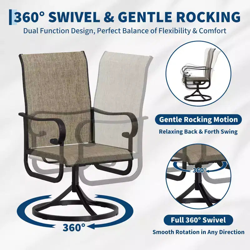 Lot de 2 chaises de patio pivotantes, chaises de salle à manger d'extérieur à dossier haut avec textilène rembourré et cadre en métal résistant aux intempéries pour jardin, cour et pelouse