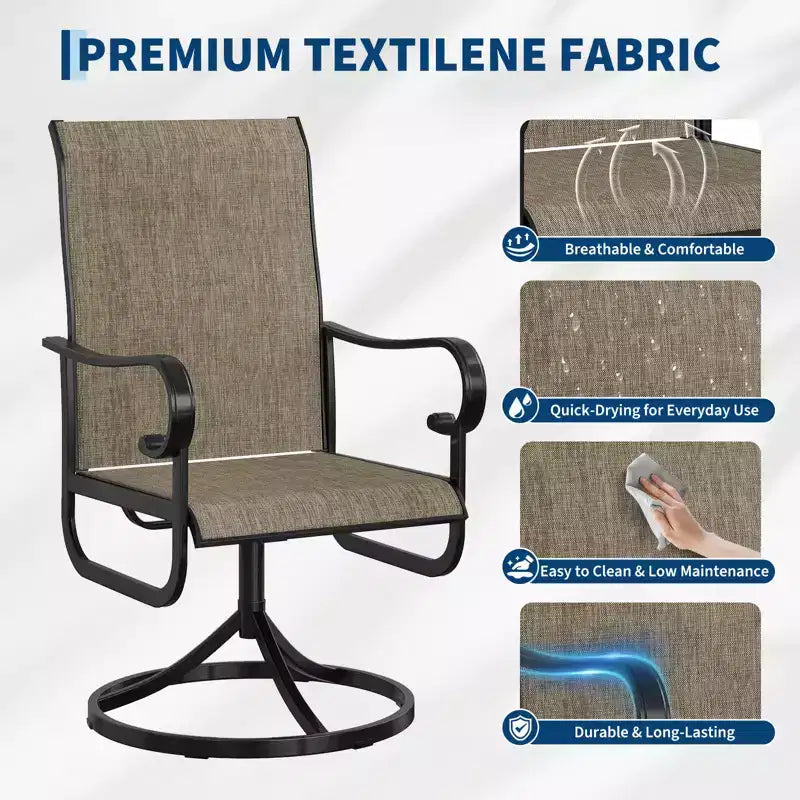 Lot de 2 chaises de patio pivotantes, chaises de salle à manger d'extérieur à dossier haut avec textilène rembourré et cadre en métal résistant aux intempéries pour jardin, cour et pelouse