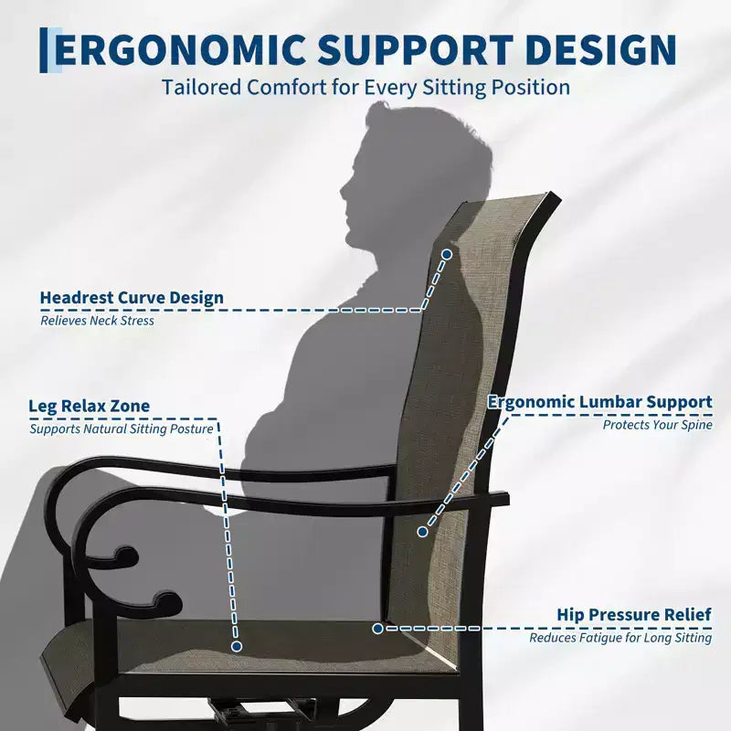 Lot de 2 chaises de patio pivotantes, chaises de salle à manger d'extérieur à dossier haut avec textilène rembourré et cadre en métal résistant aux intempéries pour jardin, cour et pelouse