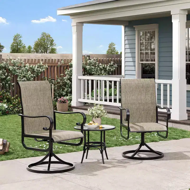 Lot de 2 chaises de patio pivotantes, chaises de salle à manger d'extérieur à dossier haut avec textilène rembourré et cadre en métal résistant aux intempéries pour jardin, cour et pelouse