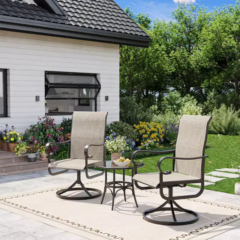 Lot de 2 chaises de patio pivotantes, chaises de salle à manger d'extérieur à dossier haut avec textilène rembourré et cadre en métal résistant aux intempéries pour jardin, cour et pelouse