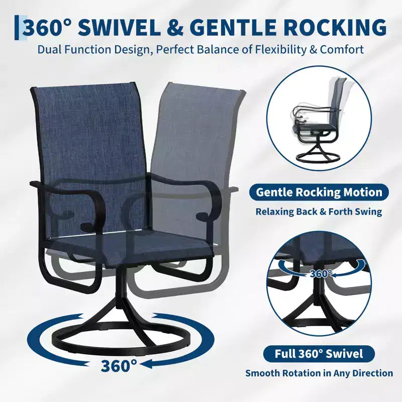 Lot de 2 chaises de patio pivotantes, chaises de salle à manger d'extérieur à dossier haut avec textilène rembourré et cadre en métal résistant aux intempéries pour jardin, cour et pelouse