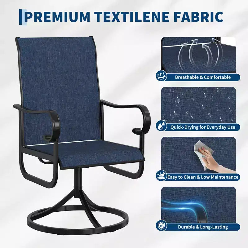Lot de 2 chaises de patio pivotantes, chaises de salle à manger d'extérieur à dossier haut avec textilène rembourré et cadre en métal résistant aux intempéries pour jardin, cour et pelouse