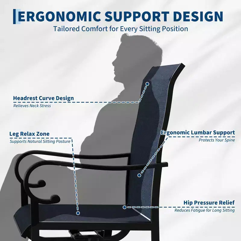 Lot de 2 chaises de patio pivotantes, chaises de salle à manger d'extérieur à dossier haut avec textilène rembourré et cadre en métal résistant aux intempéries pour jardin, cour et pelouse