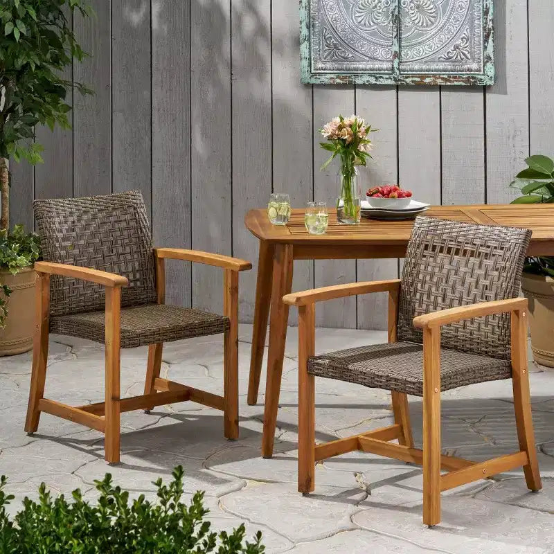 TUYOHW Lot de 2 chaises de salle à manger d'extérieur en bois d'acacia et osier, chaises de patio avec siège tissé pour jardin, 400 lb de capacité