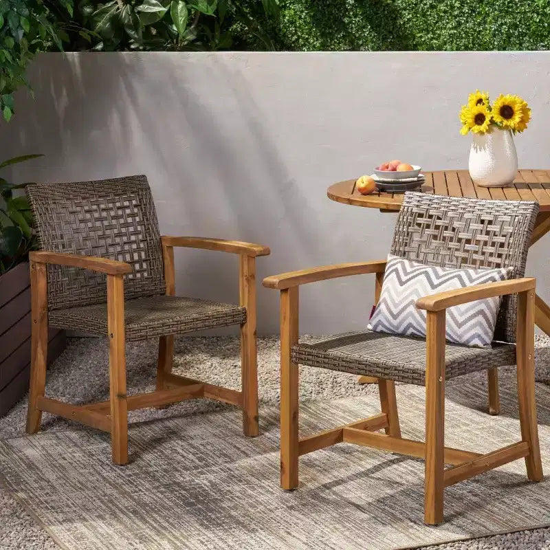 TUYOHW Lot de 2 chaises de salle à manger d'extérieur en bois d'acacia et osier, chaises de patio avec siège tissé pour jardin, 400 lb de capacité