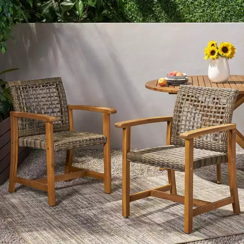 TUYOHW Lot de 2 chaises de salle à manger d'extérieur en bois d'acacia et osier, chaises de patio avec siège tissé pour jardin, 400 lb de capacité