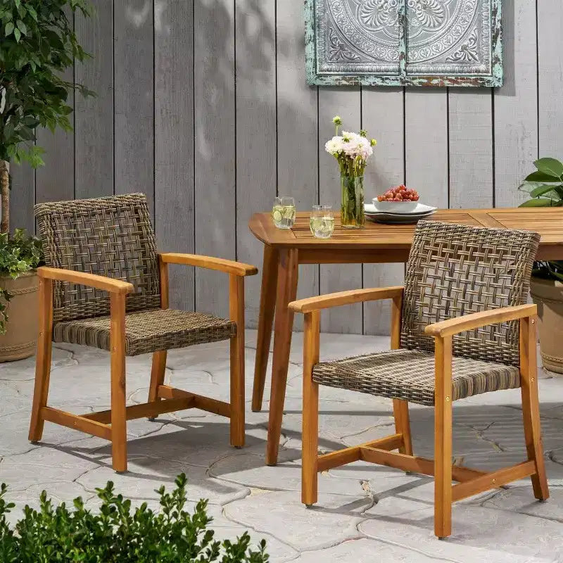 TUYOHW Lot de 2 chaises de salle à manger d'extérieur en bois d'acacia et osier, chaises de patio avec siège tissé pour jardin, 400 lb de capacité