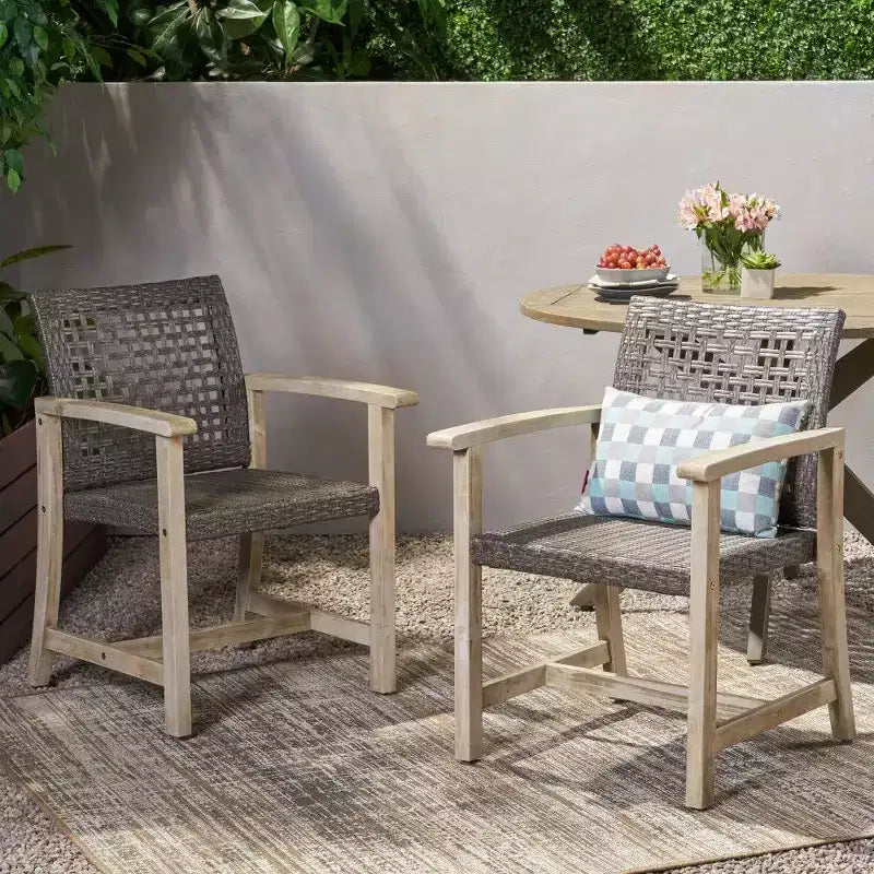 TUYOHW Lot de 2 chaises de salle à manger d'extérieur en bois d'acacia et osier, chaises de patio avec siège tissé pour jardin, 400 lb de capacité