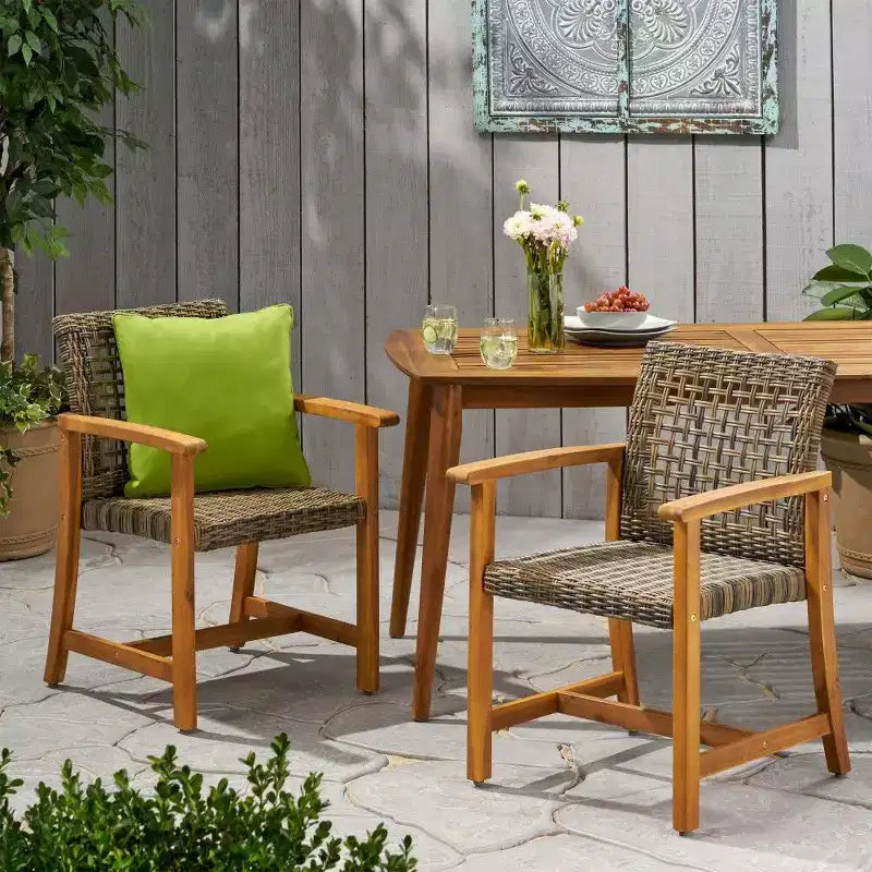 TUYOHW Lot de 2 chaises de salle à manger d'extérieur en bois d'acacia et osier, chaises de patio avec siège tissé pour jardin, 400 lb de capacité