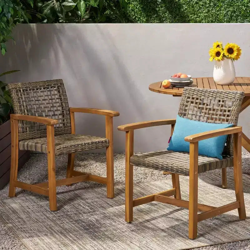 TUYOHW Lot de 2 chaises de salle à manger d'extérieur en bois d'acacia et osier, chaises de patio avec siège tissé pour jardin, 400 lb de capacité