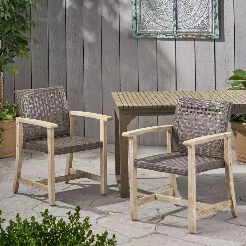 TUYOHW Lot de 2 chaises de salle à manger d'extérieur en bois d'acacia et osier, chaises de patio avec siège tissé pour jardin, 400 lb de capacité