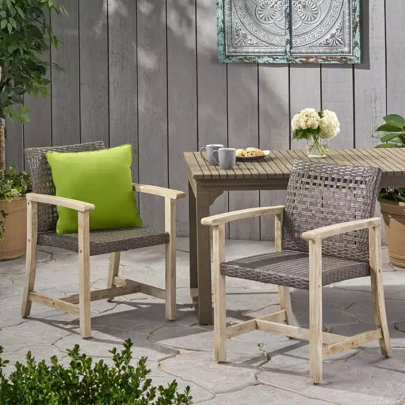 TUYOHW Lot de 2 chaises de salle à manger d'extérieur en bois d'acacia et osier, chaises de patio avec siège tissé pour jardin, 400 lb de capacité
