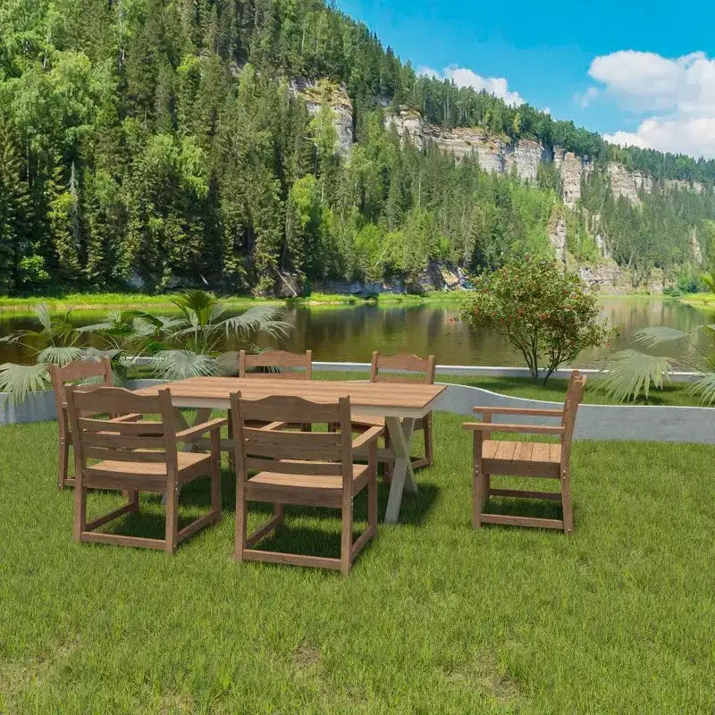 TUYOHW Lot de 2 chaises de salle à manger de terrasse, chaises d'extérieur tout temps avec grain de bois imitation et accoudoirs pour jardin, piscine
