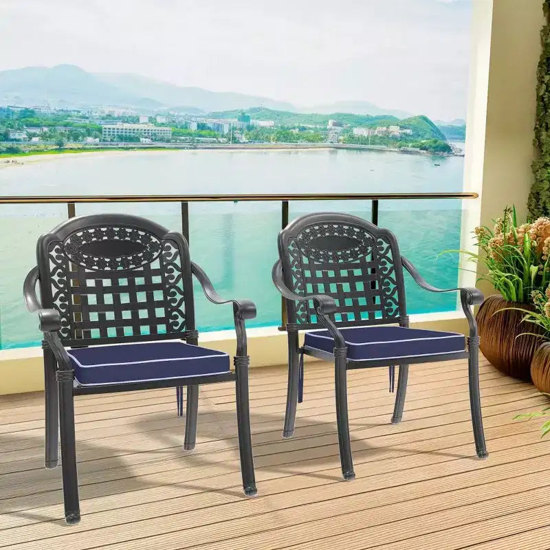 Chaise de salle à manger de patio en aluminium TUYOHW, chaises d'extérieur empilables avec coussins bleus pour jardin, 350 lb de capacité, noir, 2 pièces/4 pièces