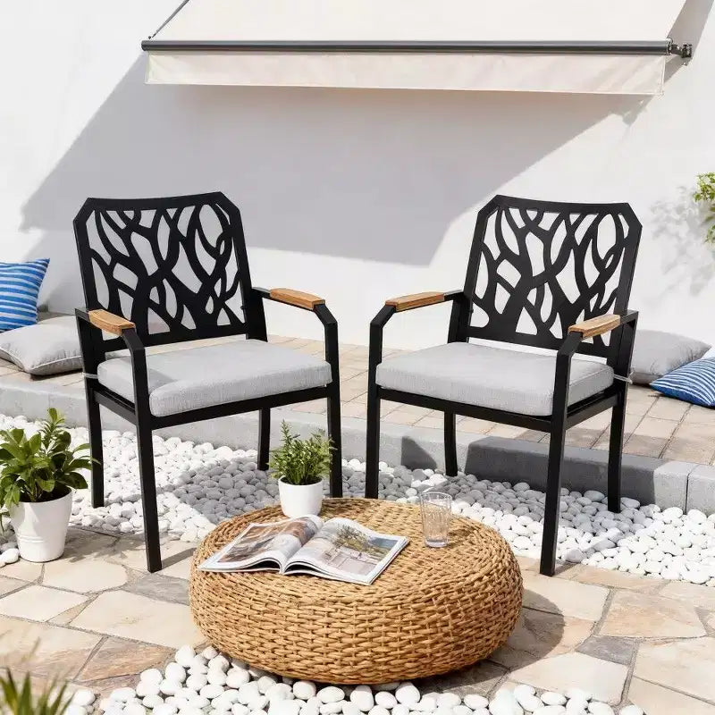 Chaise d'extérieur en aluminium TUYOHW, dossier motif branche avec accoudoirs en bois certifié FSC et coussin Sunbrella, assise de patio durable pour le jardin, marron