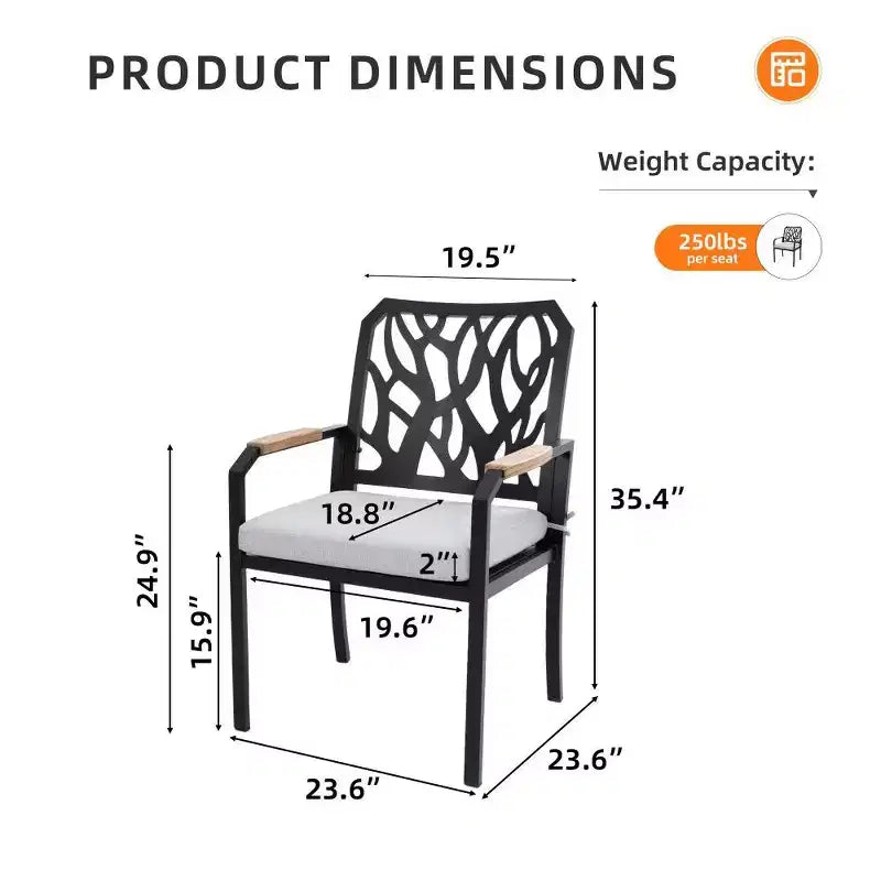 Chaise d'extérieur en aluminium TUYOHW, dossier motif branche avec accoudoirs en bois certifié FSC et coussin Sunbrella, assise de patio durable pour le jardin, marron