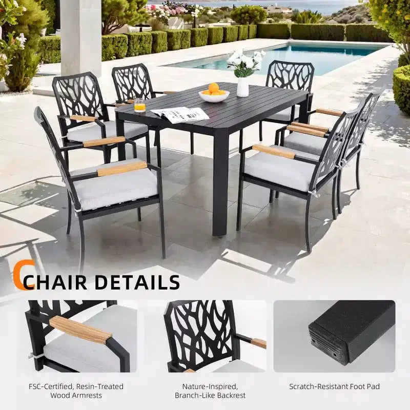 Chaise d'extérieur en aluminium TUYOHW, dossier motif branche avec accoudoirs en bois certifié FSC et coussin Sunbrella, assise de patio durable pour le jardin, marron
