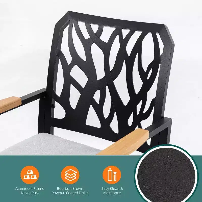 Chaise d'extérieur en aluminium TUYOHW, dossier motif branche avec accoudoirs en bois certifié FSC et coussin Sunbrella, assise de patio durable pour le jardin, marron