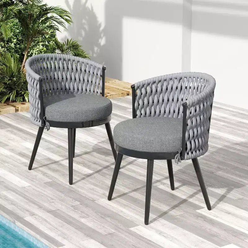 TUYOHW Lot de 2 chaises de salle à manger d'extérieur, chaises de salle à manger de patio avec cadre en métal, dossiers en corde et coussins, chaises de patio pour jardin, balcon