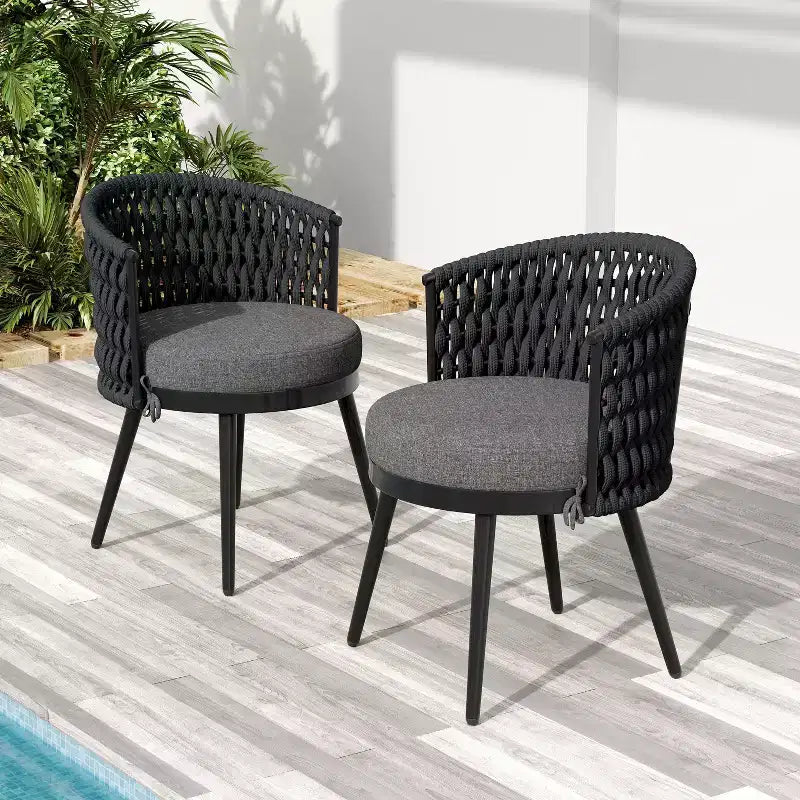 TUYOHW Lot de 2 chaises de salle à manger d'extérieur, chaises de salle à manger de patio avec cadre en métal, dossiers en corde et coussins, chaises de patio pour jardin, balcon