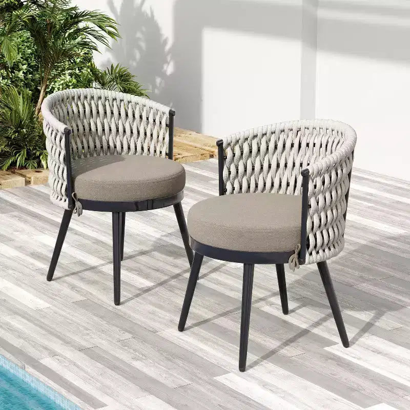 TUYOHW Lot de 2 chaises de salle à manger d'extérieur, chaises de salle à manger de patio avec cadre en métal, dossiers en corde et coussins, chaises de patio pour jardin, balcon