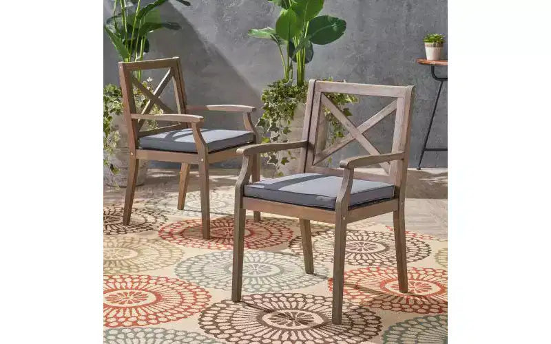 TUYOHW Lot de 2 chaises de salle à manger d'extérieur, chaises de salle à manger de patio en bois d'acacia avec coussins résistants à l'eau, chaises de patio pour jardin, balcon