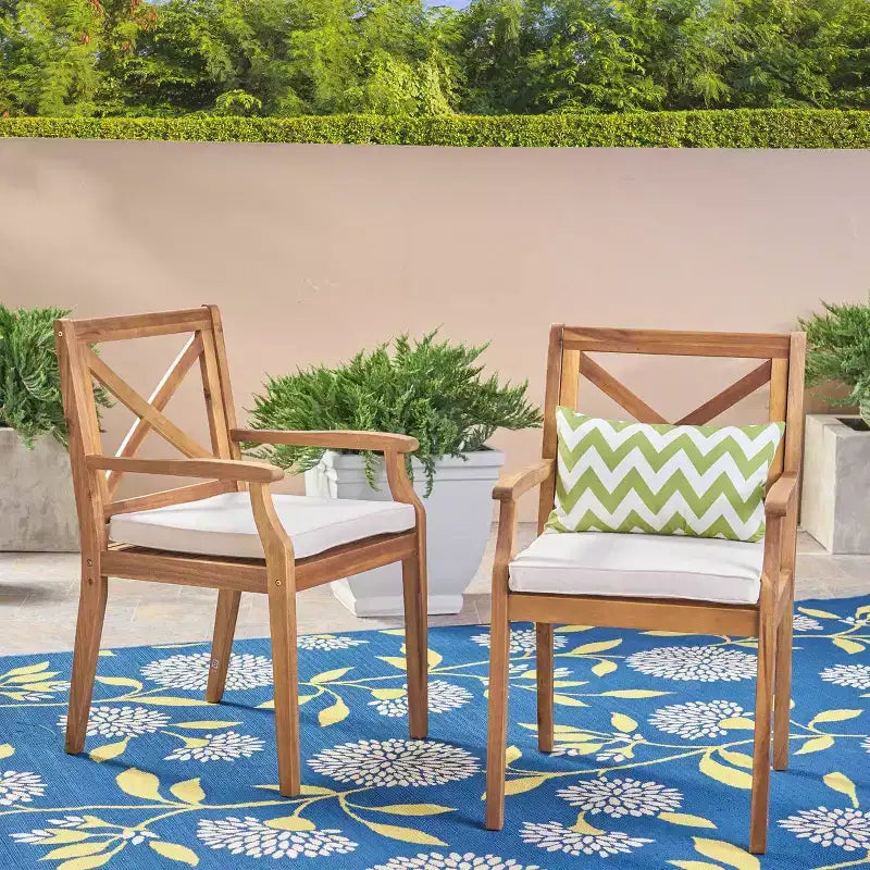 TUYOHW Lot de 2 chaises de salle à manger d'extérieur, chaises de salle à manger de patio en bois d'acacia avec coussins résistants à l'eau, chaises de patio pour jardin, balcon