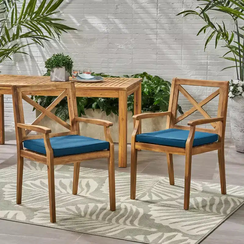 TUYOHW Lot de 2 chaises de salle à manger d'extérieur, chaises de salle à manger de patio en bois d'acacia avec coussins résistants à l'eau, chaises de patio pour jardin, balcon