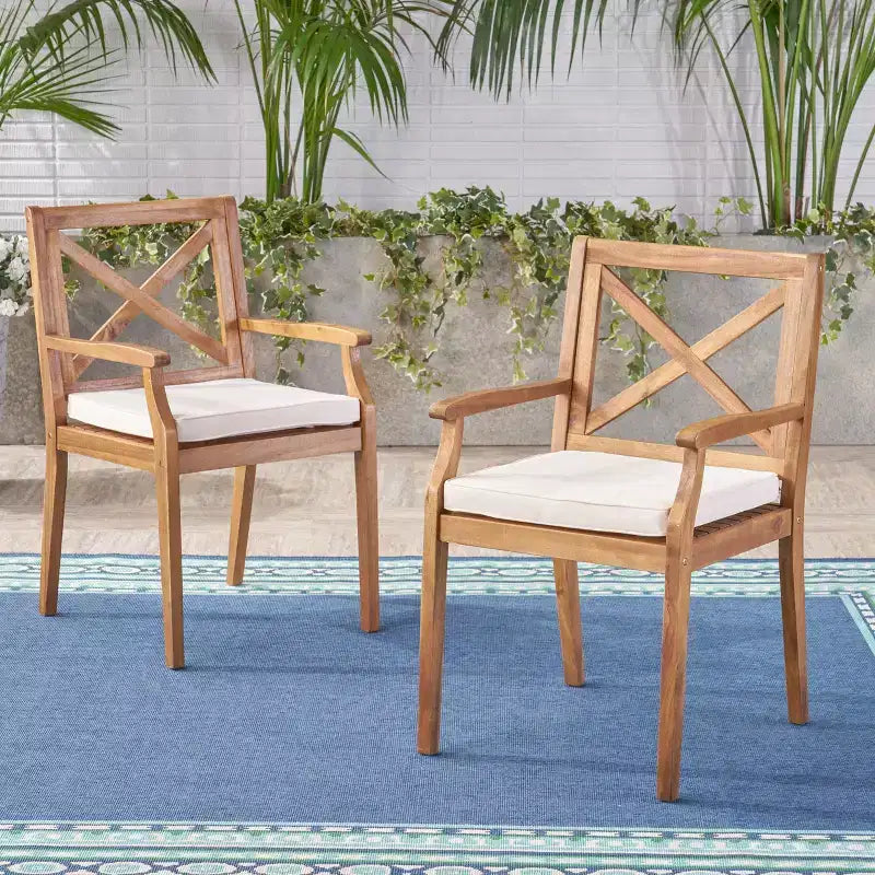 TUYOHW Lot de 2 chaises de salle à manger d'extérieur, chaises de salle à manger de patio en bois d'acacia avec coussins résistants à l'eau, chaises de patio pour jardin, balcon