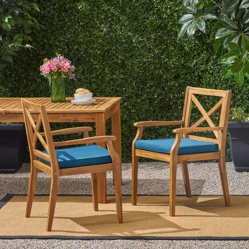 TUYOHW Lot de 2 chaises de salle à manger d'extérieur, chaises de salle à manger de patio en bois d'acacia avec coussins résistants à l'eau, chaises de patio pour jardin, balcon