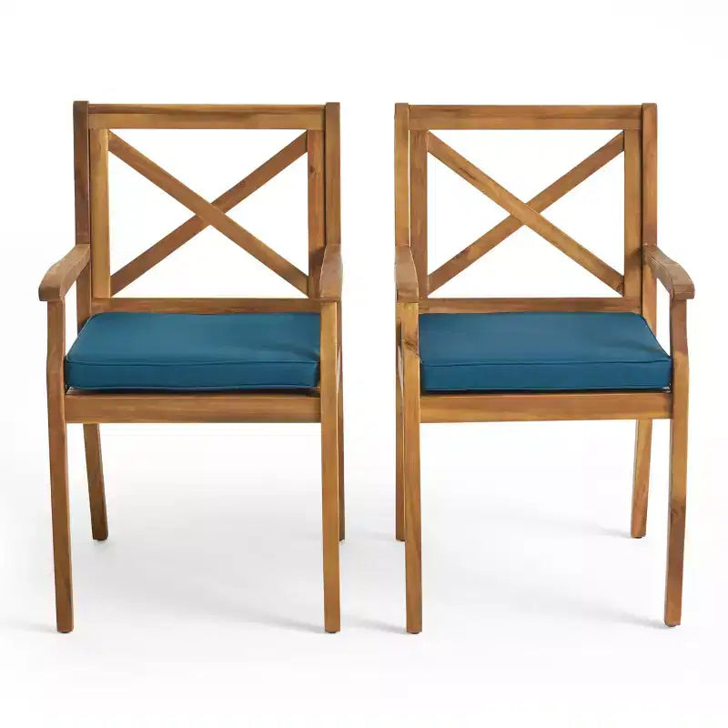 TUYOHW Lot de 2 chaises de salle à manger d'extérieur, chaises de salle à manger de patio en bois d'acacia avec coussins résistants à l'eau, chaises de patio pour jardin, balcon