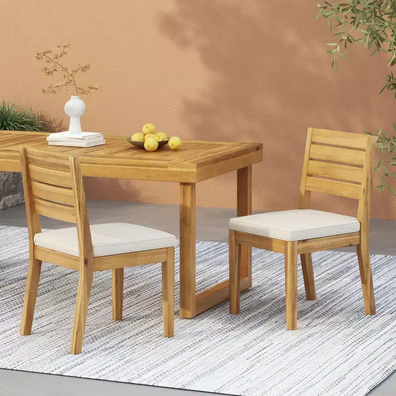 TUYOHW Lot de 2 chaises de salle à manger d'extérieur en bois d'acacia, chaises de patio sans accoudoirs avec coussin, chaises de patio pour jardin, balcon, capacité de 181 kg