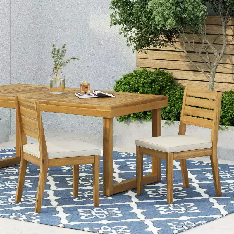 TUYOHW Lot de 2 chaises de salle à manger d'extérieur en bois d'acacia, chaises de patio sans accoudoirs avec coussin, chaises de patio pour jardin, balcon, capacité de 181 kg