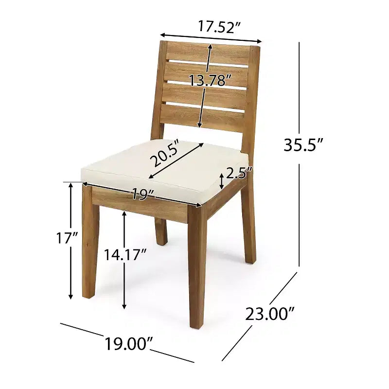 TUYOHW Lot de 2 chaises de salle à manger d'extérieur en bois d'acacia, chaises de patio sans accoudoirs avec coussin, chaises de patio pour jardin, balcon, capacité de 181 kg