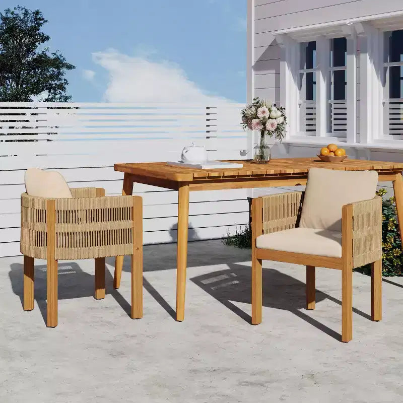 TUYOHW Lot de 2 Chaises de Salle à Manger d'Extérieur, Chaises de Patio en Bois d'Acacia avec Accoudoirs en Corde, Coussin Imperméable pour Jardin, Balcon, Capacité 136 kg
