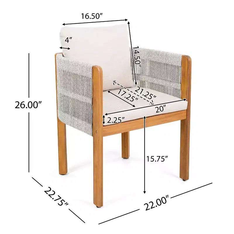 TUYOHW Lot de 2 Chaises de Salle à Manger d'Extérieur, Chaises de Patio en Bois d'Acacia avec Accoudoirs en Corde, Coussin Imperméable pour Jardin, Balcon, Capacité 136 kg
