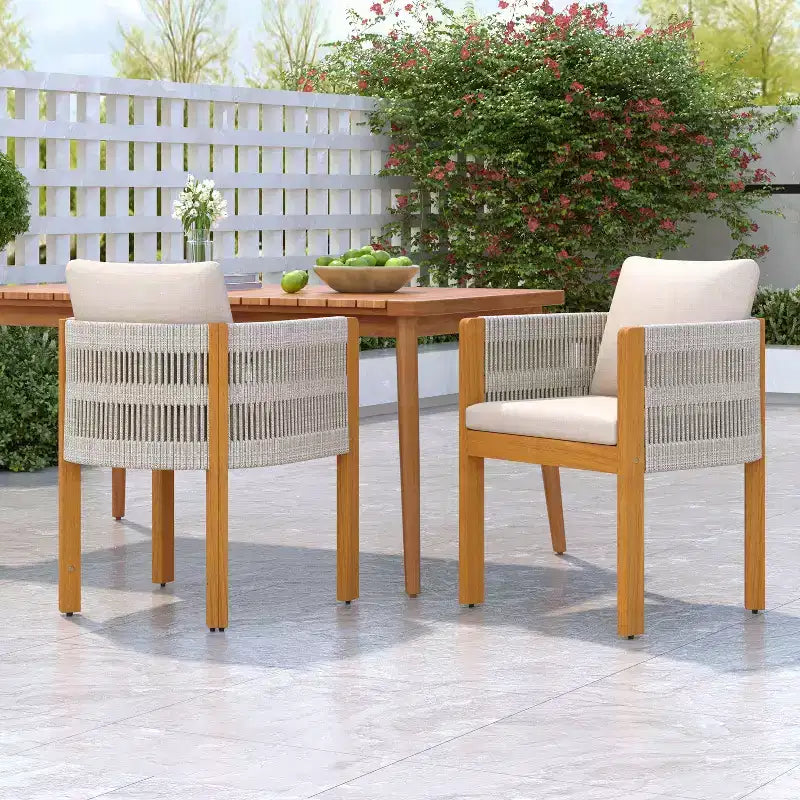 TUYOHW Lot de 2 Chaises de Salle à Manger d'Extérieur, Chaises de Patio en Bois d'Acacia avec Accoudoirs en Corde, Coussin Imperméable pour Jardin, Balcon, Capacité 136 kg