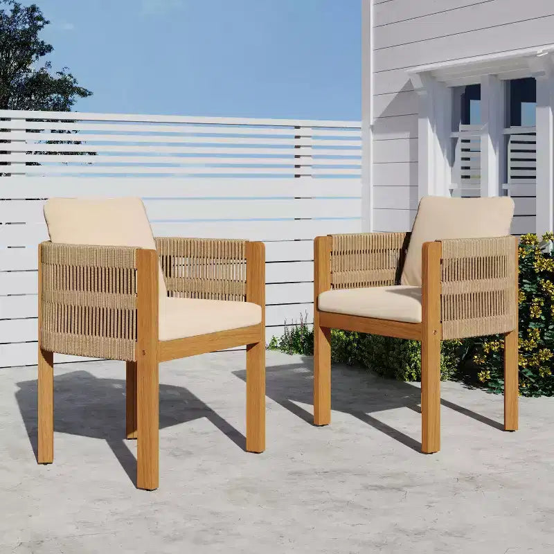 TUYOHW Lot de 2 Chaises de Salle à Manger d'Extérieur, Chaises de Patio en Bois d'Acacia avec Accoudoirs en Corde, Coussin Imperméable pour Jardin, Balcon, Capacité 136 kg