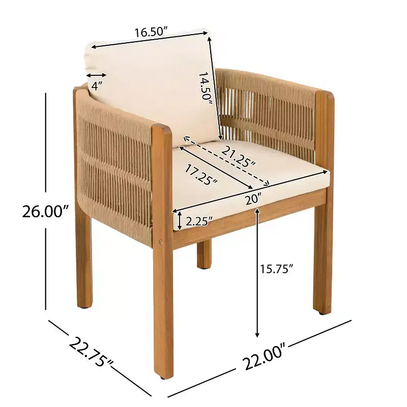 TUYOHW Lot de 2 Chaises de Salle à Manger d'Extérieur, Chaises de Patio en Bois d'Acacia avec Accoudoirs en Corde, Coussin Imperméable pour Jardin, Balcon, Capacité 136 kg