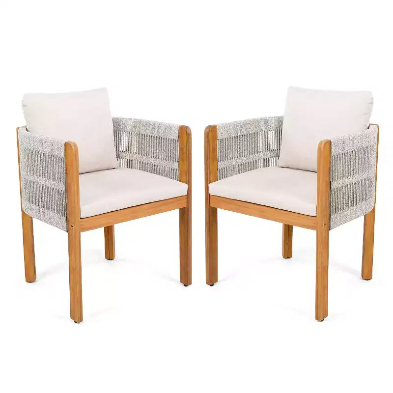 TUYOHW Lot de 2 Chaises de Salle à Manger d'Extérieur, Chaises de Patio en Bois d'Acacia avec Accoudoirs en Corde, Coussin Imperméable pour Jardin, Balcon, Capacité 136 kg