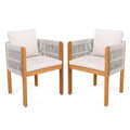TUYOHW Lot de 2 Chaises de Salle à Manger d'Extérieur, Chaises de Patio en Bois d'Acacia avec Accoudoirs en Corde, Coussin Imperméable pour Jardin, Balcon, Capacité 136 kg